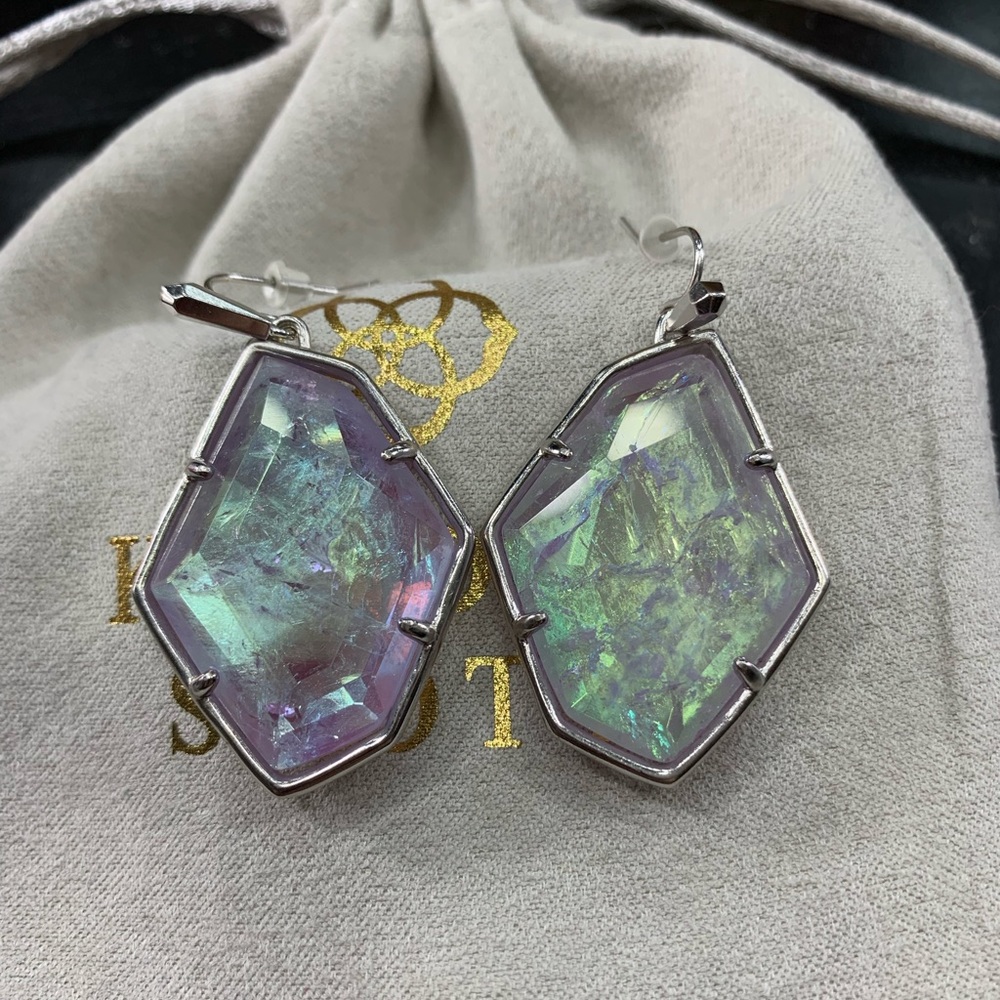 Kendra Scott Dunn Silver Drop Earrings in Amethyst Dichroic Glass (N/A online)
